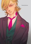 barnaby_brooks_jr blonde_hair character_name formal glasses green_eyes hair_over_one_eye male necktie sacoeco simple_background solo suit tiger_&amp;_bunny vest waistcoat 