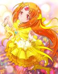  boots bow brooch bubble_skirt circlet cure_blue_(aoryu) cure_muse cure_muse_(yellow) dress frills g-clef_(suite_precure) hair_ribbon heart highres jewelry long_hair magical_girl musical_note orange_hair precure red_eyes ribbon shirabe_ako smile solo suite_precure yellow_dress 