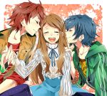  blue_hair blush brown_hair closed_eyes eyes_closed hand_holding holding_hands jacket long_hair mawaru_penguindrum multiple_boys open_mouth red_hair redhead ribbon short_hair skirt smile takakura_himari takakura_kanba takakura_shouma wonoco0916 