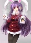  animal_ears black_legwear breath bunny_ears carrot cup earmuffs highres inaba_tewi long_hair looking_at_viewer mug pantyhose purple_hair red_eyes reisen_udongein_inaba solo steam touhou very_long_hair winter_clothes xe-cox 