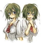  :o asphyxiation bangle blue_eyes bracelet breasts brown_hair bust character_request choking coppelion dress_shirt female fujiwara_akina green_hair hair_ornament hairclip jewelry light_brown_hair looking_at_viewer multiple_girls necktie open_mouth rolled_up_sleeves rough school_uniform shirt short_hair simple_background sleeves_rolled_up sweat white_background 