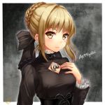  @ black black_background blonde_hair breasts face fate/hollow_ataraxia fate/stay_night fate/unlimited_codes fate_(series) gothic gothic_lolita hair_ribbon lolita_fashion momoko_(momopoco) ribbon saber saber_alter solo yellow_eyes 