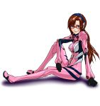  blue_eyes blush brown_hair evangelion:_2.0_you_can_(not)_advance glasses grin hairband hermamot long_hair makinami_mari_illustrious neon_genesis_evangelion plugsuit rebuild_of_evangelion sitting smile solo white_background 