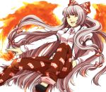  bow fire fujiwara_no_mokou hair_bow highres long_hair open_mouth pants red_eyes ribbon ririvery silver_hair smile solo suspenders touhou very_long_hair 