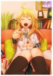  :d ahoge black_legwear blonde_hair blurry cake closed_eyes depth_of_field eyes_closed feeding food foreshortening fork gift happy highres hitoto hoshii_miki idolmaster kneehighs knees long_hair looking_at_viewer necktie open_mouth outstretched_hand plaid plaid_skirt pleated_skirt pov_feeding shirt sitting skirt smile solo 