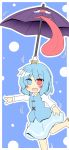  balancing blue_eyes blue_hair geta heterochromia highres karakasa_obake open_mouth outstretched_arms red_eyes senba_chidori short_hair skirt solo tatara_kogasa tongue tongue_out touhou umbrella 