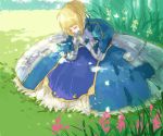  ahoge armor armored_dress blonde_hair closed_eyes dress eyes_closed fate/stay_night fate_(series) faulds field flower gauntlets hair_ribbon ribbon ruondea saber solo 