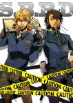  44 bandage bandages barnaby_brooks_jr blonde_hair brown_eyes brown_hair caution_tape facial_hair food glasses green_eyes kaburagi_t_kotetsu male mouth_hold multiple_boys necktie police police_badge police_officer police_uniform short_hair stubble thumbs_up tiger_&amp;_bunny uniform 