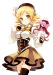  blonde_hair blush charlotte_(madoka_magica) detached_sleeves drill_hair fingerless_gloves gloves hat looking_at_viewer magical_girl mahou_shoujo_madoka_magica nardack simple_background smile solo thigh-highs thighhighs tomoe_mami twin_drills yellow_eyes 