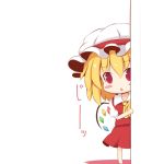  :&lt; a_master_is_out around_corner ascot beni_shake blonde_hair blush_stickers chibi crimson_shake flandre_scarlet hat hat_ribbon peeking_out red_eyes ribbon shirt skirt skirt_set solo the_embodiment_of_scarlet_devil touhou wings 