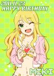  ahoge blonde_hair cool_&amp;_sexy_(idolmaster) green_eyes heart himeko_(pixiv) hoshii_miki idolmaster jacket jewelry long_hair midriff navel necklace open_mouth smile solo wink 