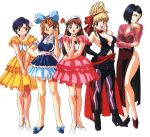  90s angry black_hair blonde_hair blue_seed bow brown_hair dress embarrassed flower freckles fujimiya_momiji hair_bow hair_flower hair_ornament hair_over_one_eye hair_up hat idol kunikida_kaede long_hair multiple_girls official_art pink_rose purple_hair red_rose ribbon rose sawaguchi_koume scan shoes short_hair smile takeuchi_ryoko v_arms yamazaki_sakura 