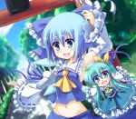  armpits ascot bad_id bare_shoulders blue_eyes blue_hair blush bust chibi cirno cosplay daiyousei detached_sleeves fang fujisaki_kaon gohei hair_ribbon hakurei_reimu hakurei_reimu_(cosplay) midriff miko minigirl mound_of_venus multiple_girls navel no_panties open_mouth ribbon short_hair side_ponytail smile torii touhou 