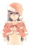  bad_id black_hair breasts capelet christmas cleavage collarbone elbow_gloves gloves hat katase_waka long_hair looking_at_viewer midriff navel no_bra original out-of-frame_censoring santa_costume santa_hat simple_background solo 