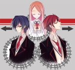  2boys apple blue_hair brown_hair closed_eyes eyes_closed food fruit green_eyes holding holding_apple holding_fruit long_hair mawaru_penguindrum multiple_boys red_hair redhead school_uniform short_hair siblings tachibanaei takakura_himari takakura_kanba takakura_shouma 