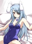 animal_ears blue_hair bowtie bunny_ears bunny_tail bunnysuit detached_collar eyepatch infinite_stratos laura_bodewig long_hair mister_(black_and_white) red_eyes ribbon solo tail wrist_cuffs 