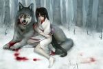  angry animal_ears bad_id black_eyes black_hair blood chm claws fangs forest japanese_clothes kimono long_hair missing_eye nature no_shoes obi original pale_skin revision scar side_ponytail snow socks tabi tail teeth tree very_long_hair wakizashi wolf wolf_ears wolf_tail yellow_eyes 