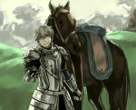  armor blonde_hair blue_eyes dith_ytk fate/extra fate/stay_night fate_(series) gauntlets gawain_(fate/extra) gawain_(fate/stay_night) horse male outstretched_hand short_hair solo 