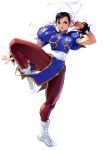  1girl black_hair boots bracelet breasts bun_cover china_dress chinese_clothes chun-li closed_mouth double_bun earrings female fighting_stance full_body gold_trim jewelry kawano_takuji leg_up legs looking_at_viewer namco_x_capcom official_art pantyhose pelvic_curtain puffy_sleeves sash simple_background solo spiked_bracelet spikes standing_on_one_leg street_fighter thick_thighs thighs white_background 