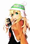  blonde_hair drink green_eyes hat highres hoshii_miki idolmaster jacket long_hair merumayu open_mouth solo 