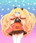  1girl animal_ears big_hair blonde_hair blue_eyes blush_stickers cat_ears headset kekekeke long_hair open_mouth paw_pose seeu skirt solo star symbol-shaped_pupils thigh-highs thighhighs vocaloid white_legwear zettai_ryouiki 