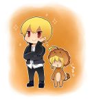  1girl ahoge animal_costume blonde_hair casual chibi crossed_arms drooling fate/stay_night fate/unlimited_codes fate_(series) gilgamesh lion_costume razuzyamu red_eyes saber_lion short_hair |_| 