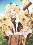  :d absurdres bangs blonde_hair blue_sky blush bracelet cafe_sourire choker dress dutch_angle flower hat highres jewelry long_hair looking_at_viewer nyanya ogiwara_kyouko open_mouth petals red_eyes signpost sky smile solo suitcase sunflower v_arms wavy_hair 