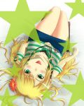  bare_shoulders blonde_hair boots breasts denim_skirt down_blouse flower green_eyes hair_flower hair_ornament hoshii_miki idolmaster jewelry long_hair lying necklace on_back on_bed open_mouth smile solo star yuu_(aoakaflag) 