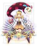  absurdres beret blonde_hair breasts charlotte_(madoka_magica) corset detached_sleeves drill_hair fingerless_gloves gloves gun hair_ornament hat highres kyubey large_breasts magical_girl magical_musket mahou_shoujo_madoka_magica pleated_skirt ribbon skirt smile soul_gem taut_shirt thigh-highs thighhighs tomoe_mami tomoekou vertical-striped_legwear vertical_stripes weapon yellow_eyes 