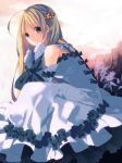  ahoge blonde_hair bound_arms bow dress elbow_gloves flower gloves grey_eyes hair_ornament original oxo sitting smile solo tied_arms white_dress 