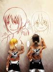  2girls black_hair blonde_hair christa_renz drawing freckles highres jacket multiple_girls pixiv_manga_sample ponytail shingeki_no_kyojin short_hair uniform ymir_(shingeki_no_kyojin) 