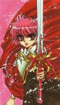  1girl 90s armor armored_dress braid cape clamp female holding holding_sword holding_weapon long_hair magic_knight_rayearth official_art open_mouth pink_background red red_eyes red_hair redhead scan school_uniform serious shidou_hikaru single_braid solo sword weapon 