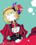  adapted_costume axis_powers_hetalia blonde_hair brooch closed_eyes corset dress embellished_costume eyes_closed hair_ornament hair_ribbon hairband hands_clasped hands_together jewelry liechtenstein_(hetalia) moyashi_nabe multicolored_hair red_dress ribbon short_hair simple_background solo striped striped_dress vertical_stripes white_skin 