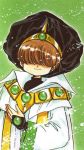  90s ascot_(rayearth) brown_hair cape clamp coat gem hat hidden_eyes magic_knight_rayearth male official_art scan smile solo 
