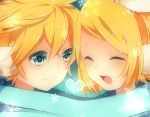  closed_eyes earmuffs hair_ribbon heart kagamine_len kagamine_rin open_mouth scarf shaped_pupils shared_scarf snowflakes tagme vocaloid 