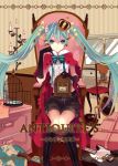  aqua_eyes aqua_hair birdcage cage candle chair crown elbow_gloves floating_hair globe gloves guitar hatsune_miku instrument kneehighs long_hair musou_yuchi phonograph sitting solo suitcase twintails vocaloid 