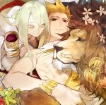 androgynous blonde_hair bracelet cup earrings enkidu_(fate/strange_fake) fate/stay_night fate/strange_fake fate/zero fate_(series) gilgamesh goblet green_hair jewelry lion long_hair male multiple_boys necklace red_eyes shirtless shishio toga trap wine 