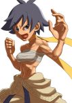  1girl bare_shoulders breasts clothes_around_waist dougi fighting_stance highres ityuy makoto_(street_fighter) midriff muscle open_mouth sarashi shirtless solo street_fighter tomboy 
