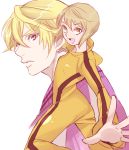  1girl blonde_hair bruce_lee&#039;s_jumpsuit bruce_lee's_jumpsuit doramukanotoko huang_baoling ivan_karelin jacket letterman_jacket purple_eyes purple_jacket short_hair tiger_&amp;_bunny violet_eyes 