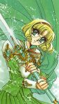 1girl 90s armor armored_dress blonde_eyebrows blonde_hair cape clamp eyebrows_visible_through_hair female glasses green green_background green_eyes hairband holding holding_sword holding_weapon hououji_fuu magic_knight_rayearth official_art parted_bangs round_eyewear round_glasses scan school_uniform short_hair skirt solo sword weapon 