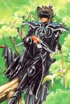  90s armor bird bird_on_shoulder black_hair boots cape clamp lantis magic_knight_rayearth male official_art pants scan sitting solo tree 