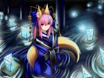  absurdres animal_ears bow caster caster_(fate/extra) dress fate/extra fate/stay_night fate_(series) fox_ears fox_tail hair_bow hair_ornament hair_ribbon headdress highres japanese_clothes pink_hair rhy1356 ribbon smile solo tail twintails wading water yellow_eyes 