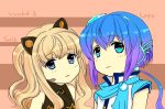  2girls :3 animal_ears aoki_lapis artist_request blonde_hair blue_eyes blue_hair blush cat_ears character_name headset long_hair multiple_girls scarf seeu short_hair source_request striped striped_background vocaloid 