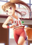  :d basketball basketball_hoop basketball_jersey basketball_uniform bike_shorts brown_hair character_request endou_hiroto highres long_hair midriff navel open_mouth original red_eyes smile solo sportswear twintails 