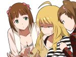  a1 ahoge amami_haruka blonde_hair bow breasts brown_eyes brown_hair cleavage food futami_mami green_eyes hair_bow hasegawa_akiko hoshii_miki idolmaster long_hair multiple_girls nakamura_eriko parody seiyuu_connection shimoda_asami short_hair side_ponytail striped sweatdrop watch wavy_mouth 