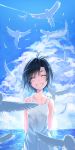  antenna_hair bare_shoulders bird black_hair blue_sky closed_eyes cloud collarbone condensation_trail contrail dress eyes_closed feathers grin idolmaster kikuchi_makoto looking_at_viewer nerima ocean scenery short_hair sky smile solo sundress water white_dress 