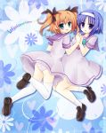 2girls :3 aqua_eyes bad_id blue_hair brown_hair hairband hand_holding highres holding_hands kaitou_tenshi_twin_angel kannazuki_aoi kouta. loafers minazuki_haruka_(twin_angel) multiple_girls panties pantyshot purple_eyes school_uniform shoes short_hair smile striped striped_panties thigh-highs thighhighs twintails two_side_up underwear violet_eyes white_legwear