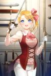  artist_request blonde_hair blue_eyes blush bow breasts gloves long_sleeves lowres open_mouth pants ponytail rapier ribbon sheath side_ponytail solo sword sword_girls vest weapon 