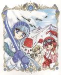  90s ^_^ blonde_hair blue_eyes blue_hair braid clamp closed_eyes coat eyes_closed gloves goggles goggles_on_head hairband hat hououji_fuu long_hair magic_knight_rayearth mountain multiple_girls official_art pink_hair ryuuzaki_umi scan shidou_hikaru short_hair skiing smile snow snowman 