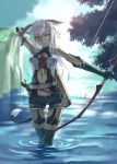  animal_ears bow_(weapon) breasts cleavage dark_skin gloves knife long_hair mofu original quiver red_eyes sheath sheathed shorts solo tail thigh-highs thighhighs wading weapon white_hair 